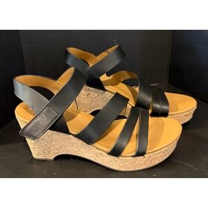 Naturalizer 6.5 M Cynthia Wedge Sandals Black Leather Cork Platform Straps NEW
